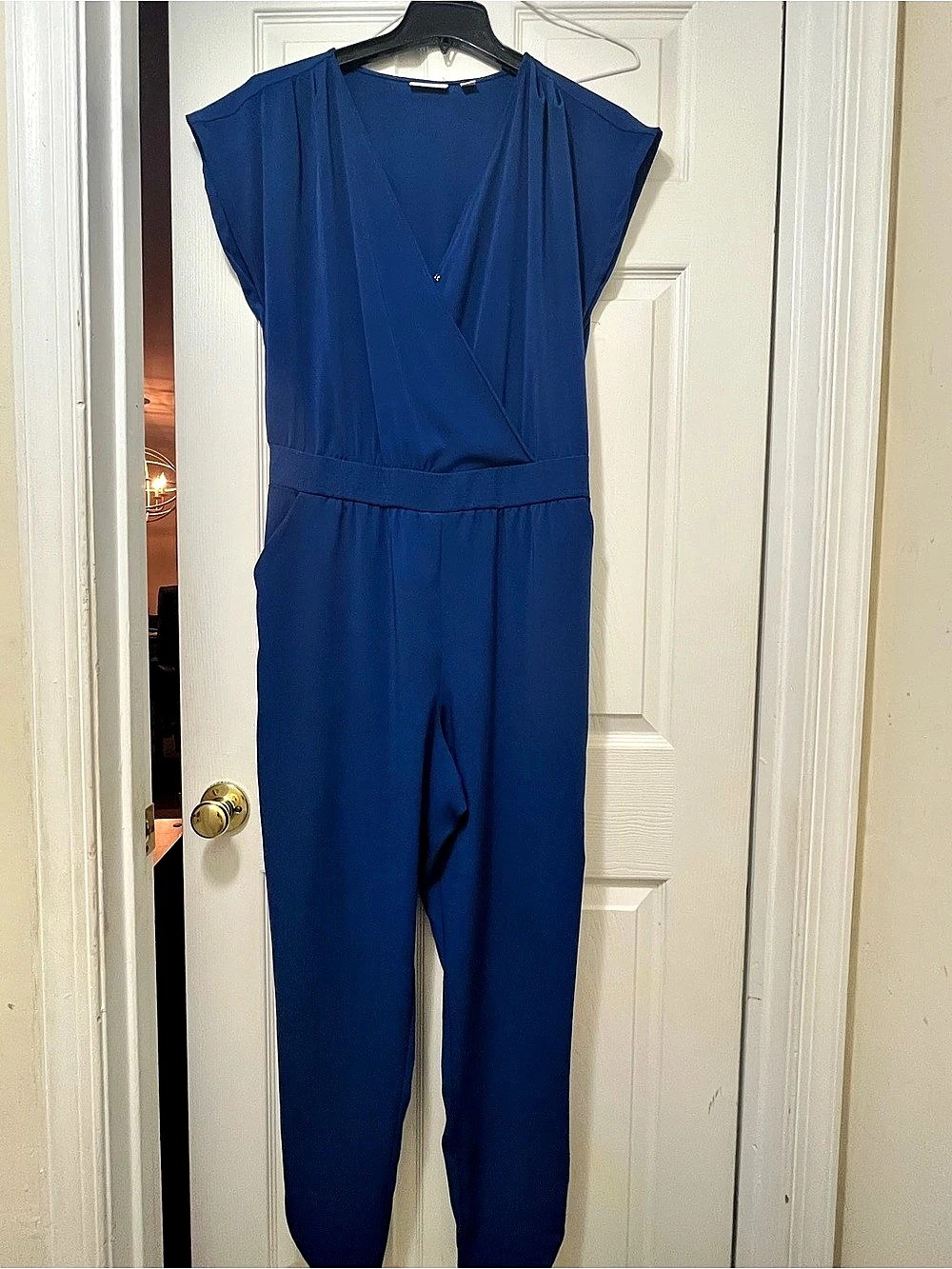 New York & Company Stretch Blue Wrap Front Jumpsuit